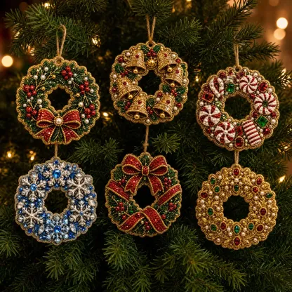 6pcs Festive Wreath Set Pearl Art Diamond Painting  Pendant - Acrylic Christmas Tree Ornaments DIY Decor Kit