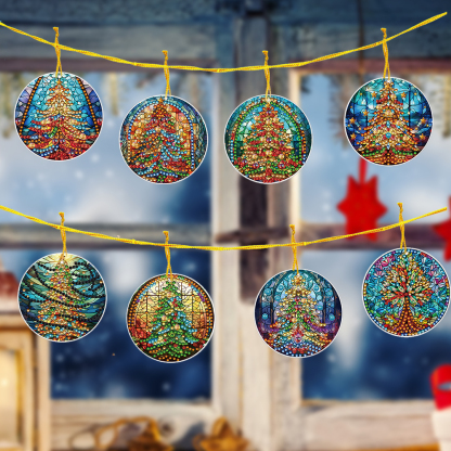 8Pcs DIY Christmas Tree Diamond Painting Pendant（Single Sided)