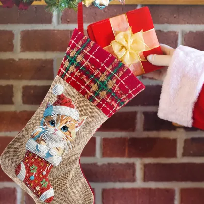 DIY Diamond Painting Christmas Stockings Hanging Ornaments Large Capacity Xmas Socks Pendant Wear Resist Candy Gift Storage Bags for Family Christmas Holiday Party Decoration (Christmas cat)