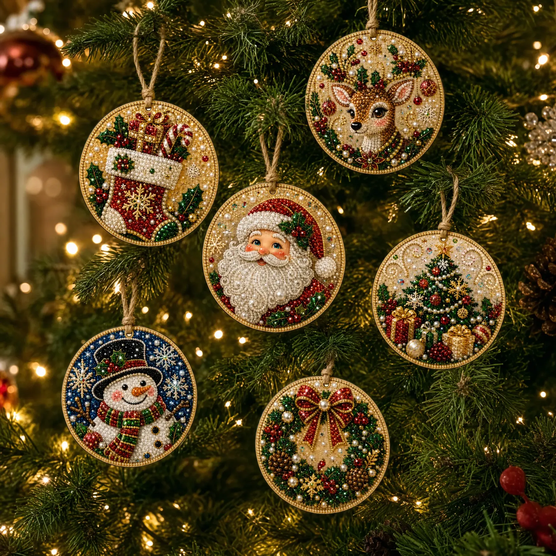 6 Pcs Christmas Wooden Ornaments DIY Pearls Diamond Painting Kit Rhinestone Art Pendants with Hemp Rope for Holiday Tree Decor