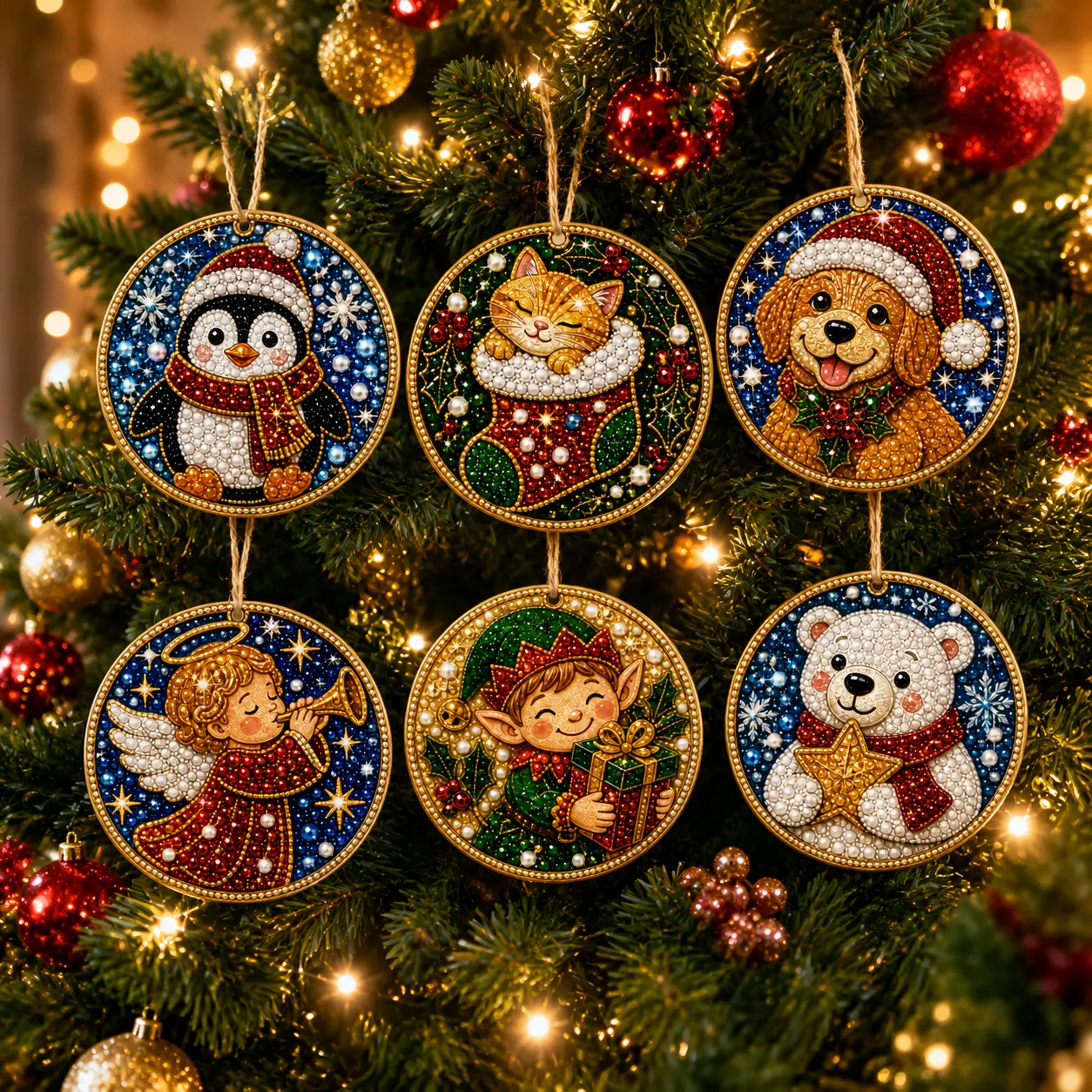 6 Pcs Christmas Wooden Ornaments DIY Pearls Diamond Painting Kit Rhinestone Art Pendants with Hemp Rope for Holiday Tree Decor