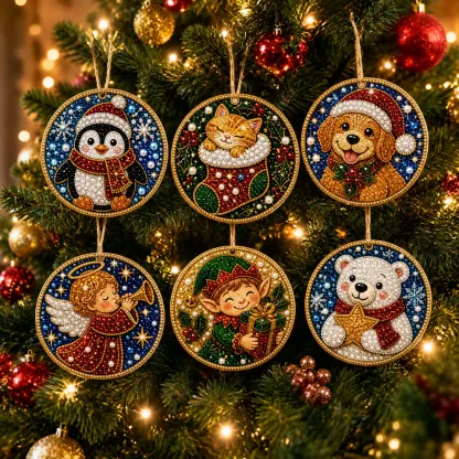 6 Pcs Christmas Wooden Ornaments DIY Pearls Diamond Painting Kit Rhinestone Art Pendants with Hemp Rope for Holiday Tree Decor