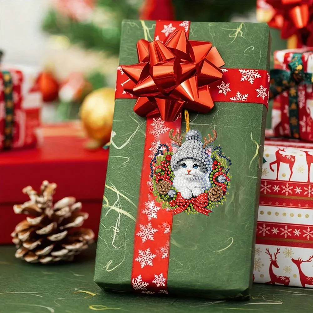 15Pcs DIY Christmas Atmosphere Cat Diamond Painting Pendant (Double-Sided)