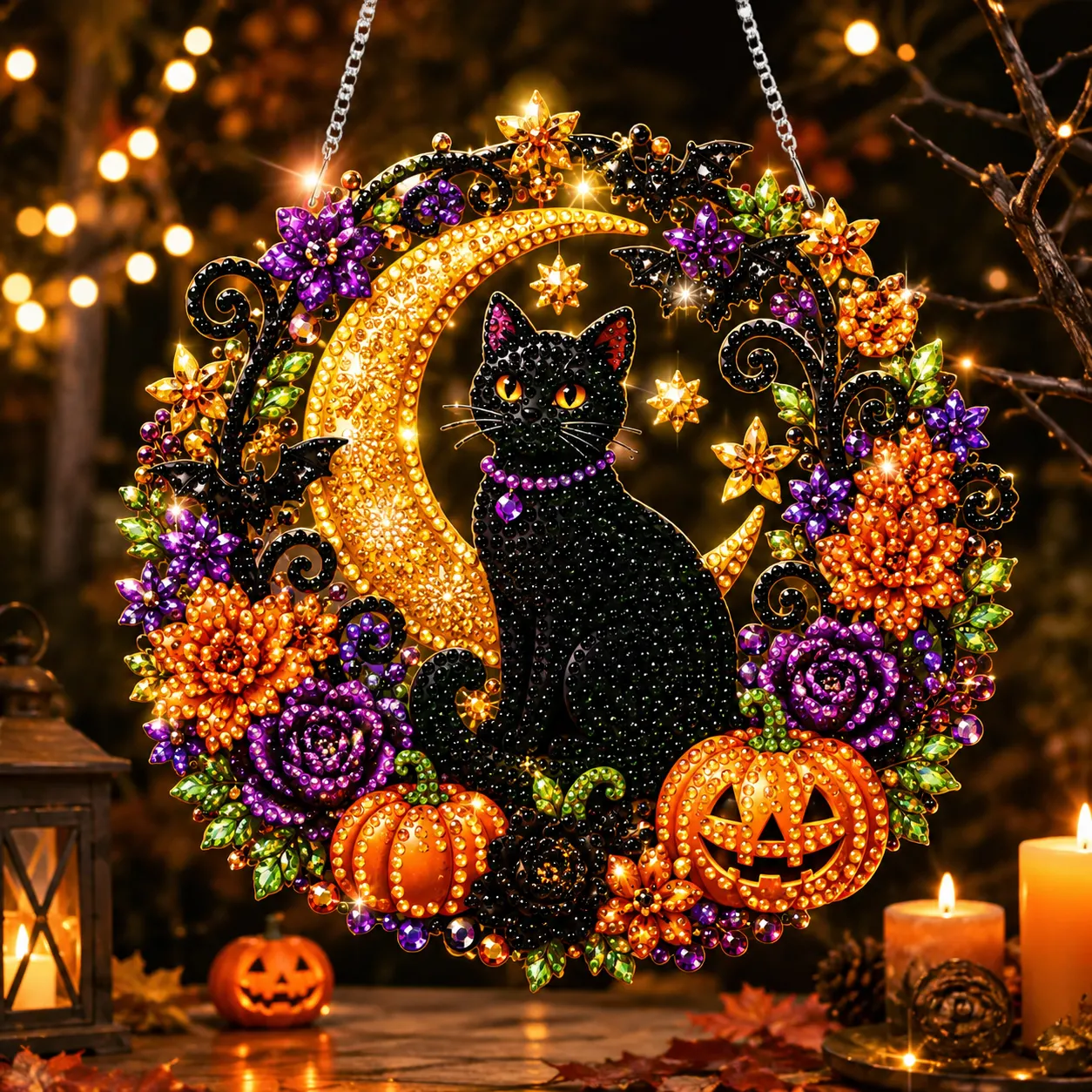 Halloween Black Cat Moon 2D Flat DIY Diamond Painting Charms for Wall Decor