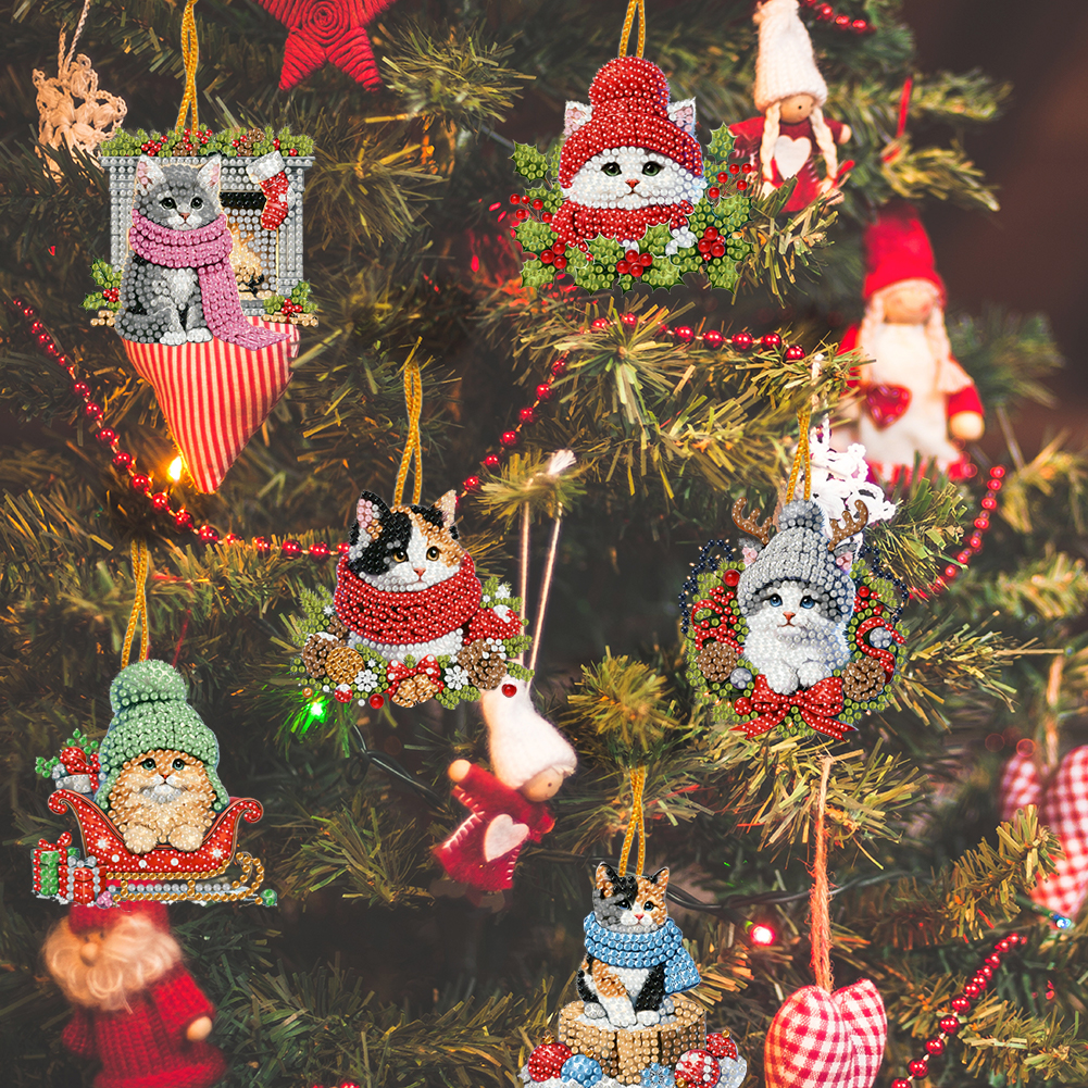 15Pcs DIY Christmas Atmosphere Cat Diamond Painting Pendant (Double-Sided)