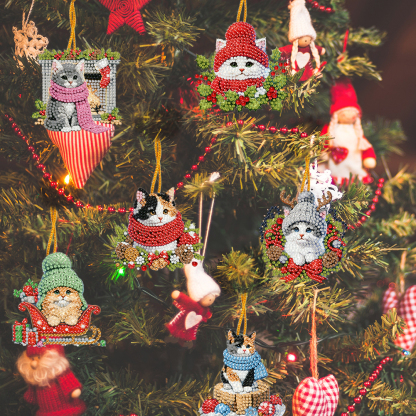15Pcs DIY Christmas Atmosphere Cat Diamond Painting Pendant (Double-Sided)