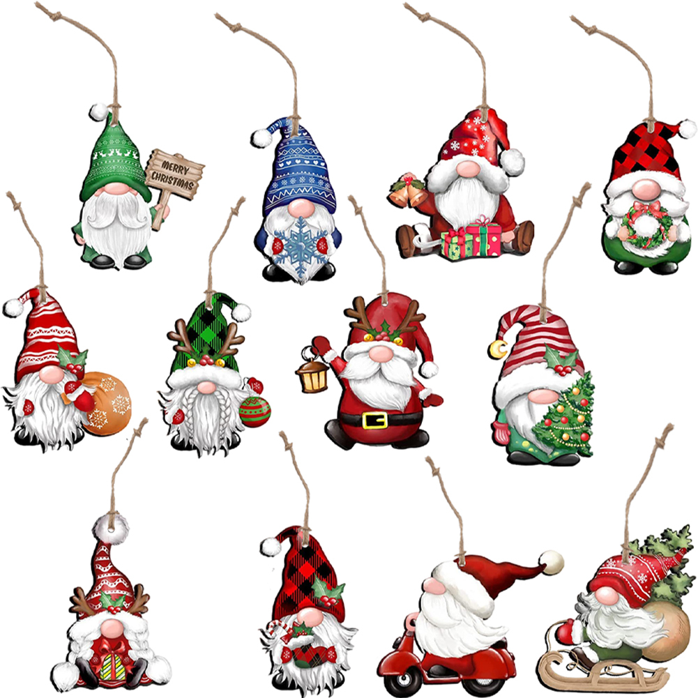 (24PCS)Christmas Gnome Santa Wooden Hanging Pendant(With Rope)