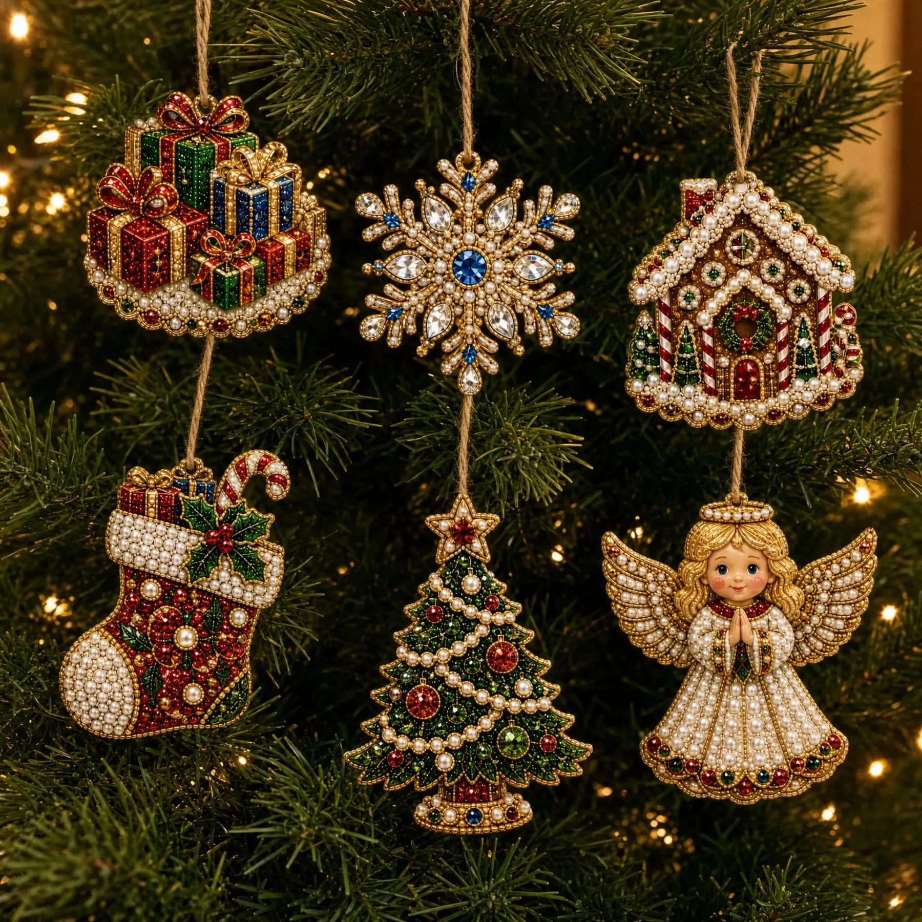 6pcs Classic Xmas Charms Pearl Art Diamond Painting  Pendant - Acrylic Christmas Tree Ornaments DIY Decor Kit