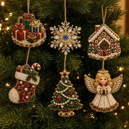 6pcs Classic Xmas Charms Pearl Art Diamond Painting  Pendant - Acrylic Christmas Tree Ornaments DIY Decor Kit