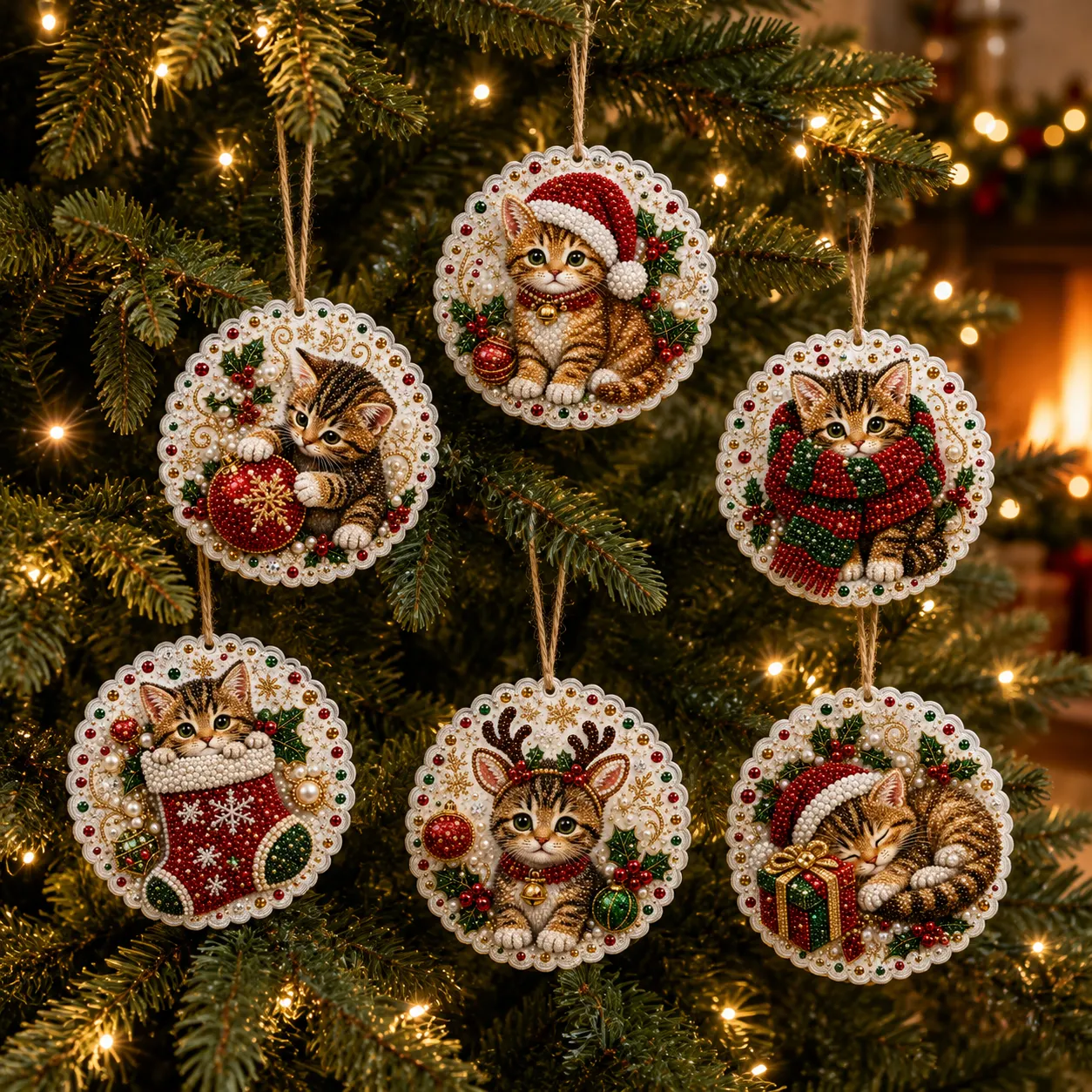 6pcs Xmas Kittens Pearl Art Diamond Painting Pendant