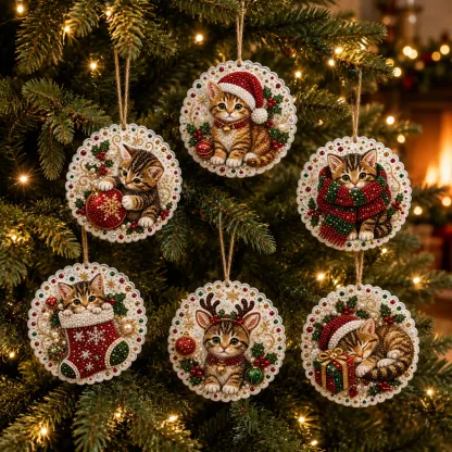 6pcs Xmas Kittens Pearl Art Diamond Painting Pendant