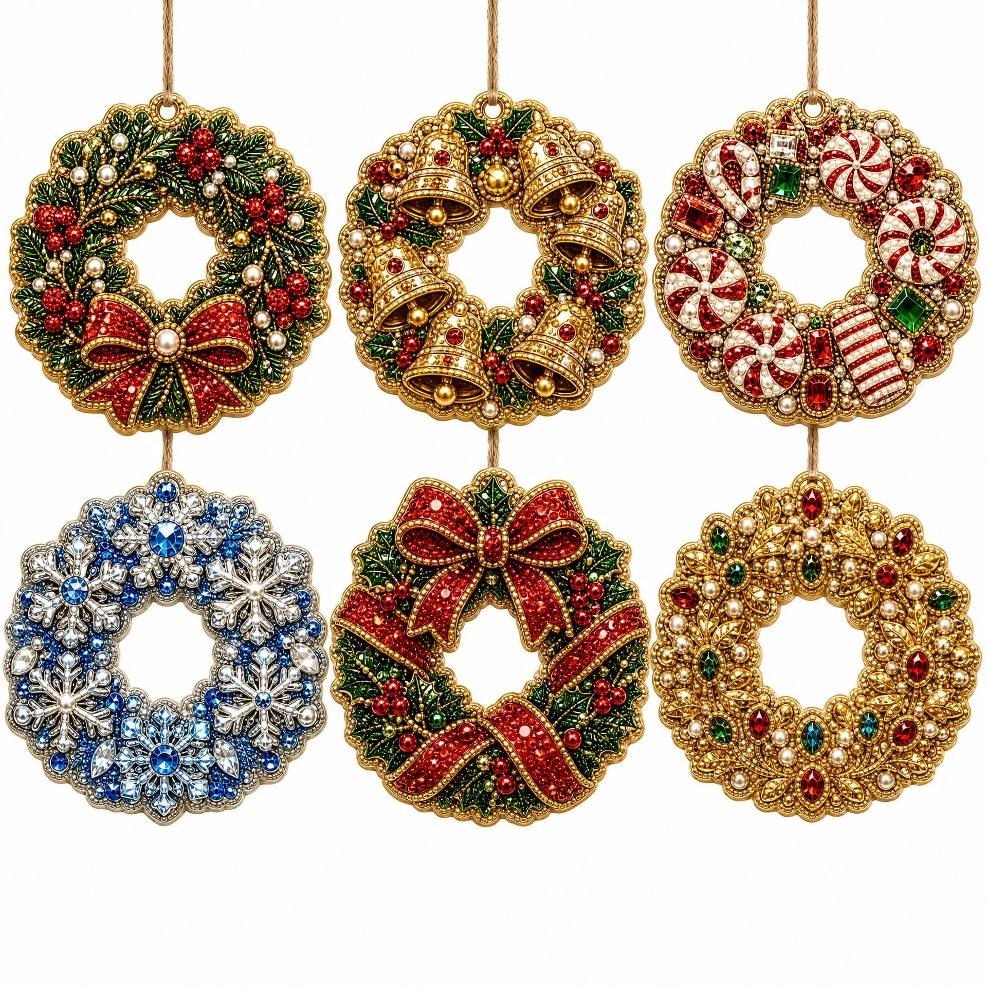 6pcs Festive Wreath Set Pearl Art Diamond Painting  Pendant - Acrylic Christmas Tree Ornaments DIY Decor Kit
