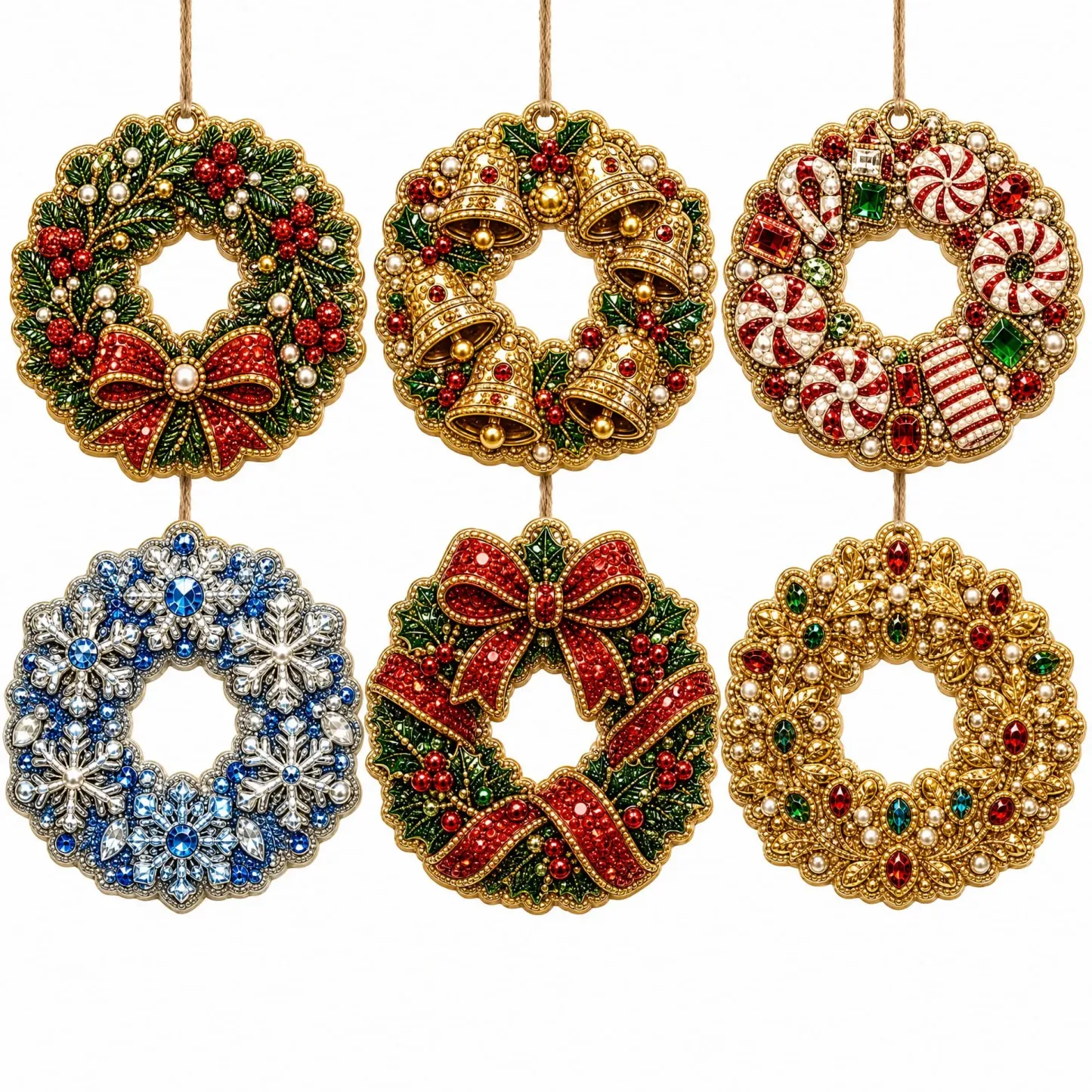 6pcs Festive Wreath Set Pearl Art Diamond Painting  Pendant - Acrylic Christmas Tree Ornaments DIY Decor Kit