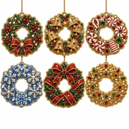 6pcs Festive Wreath Set Pearl Art Diamond Painting  Pendant - Acrylic Christmas Tree Ornaments DIY Decor Kit