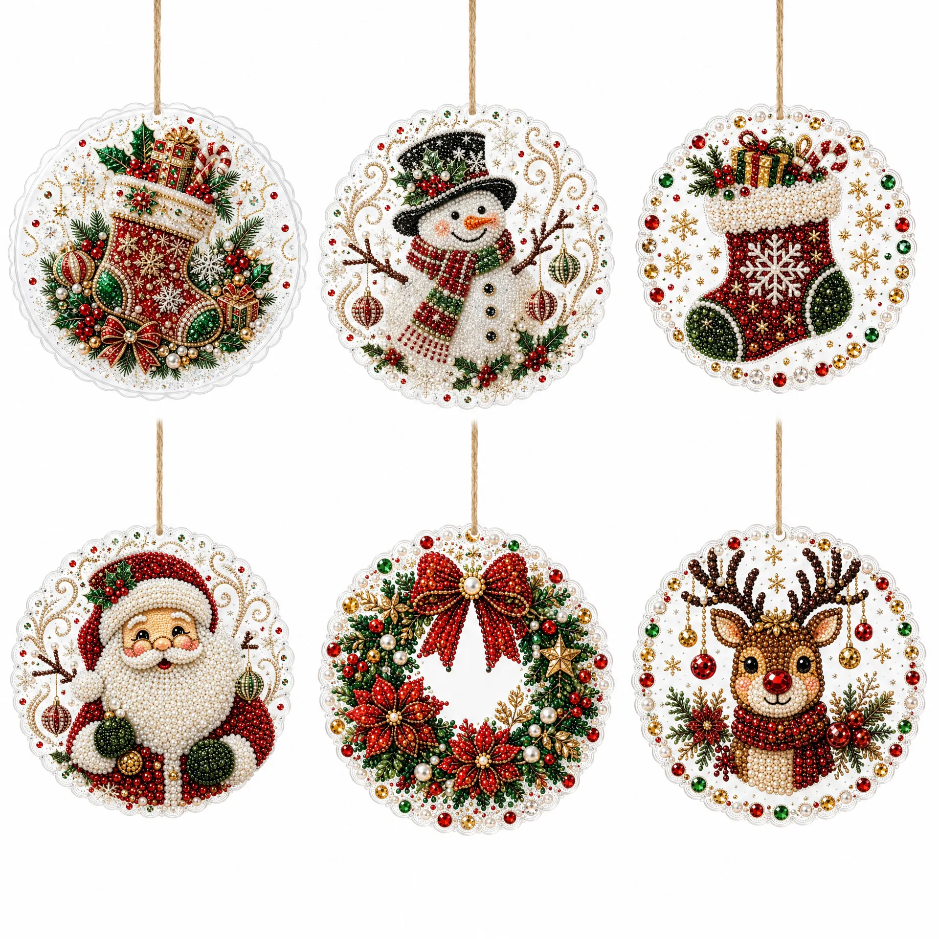 6 Pcs Christmas Wooden Ornaments DIY Pearls Diamond Painting Kit Rhinestone Art Pendants with Hemp Rope for Holiday Tree Decor