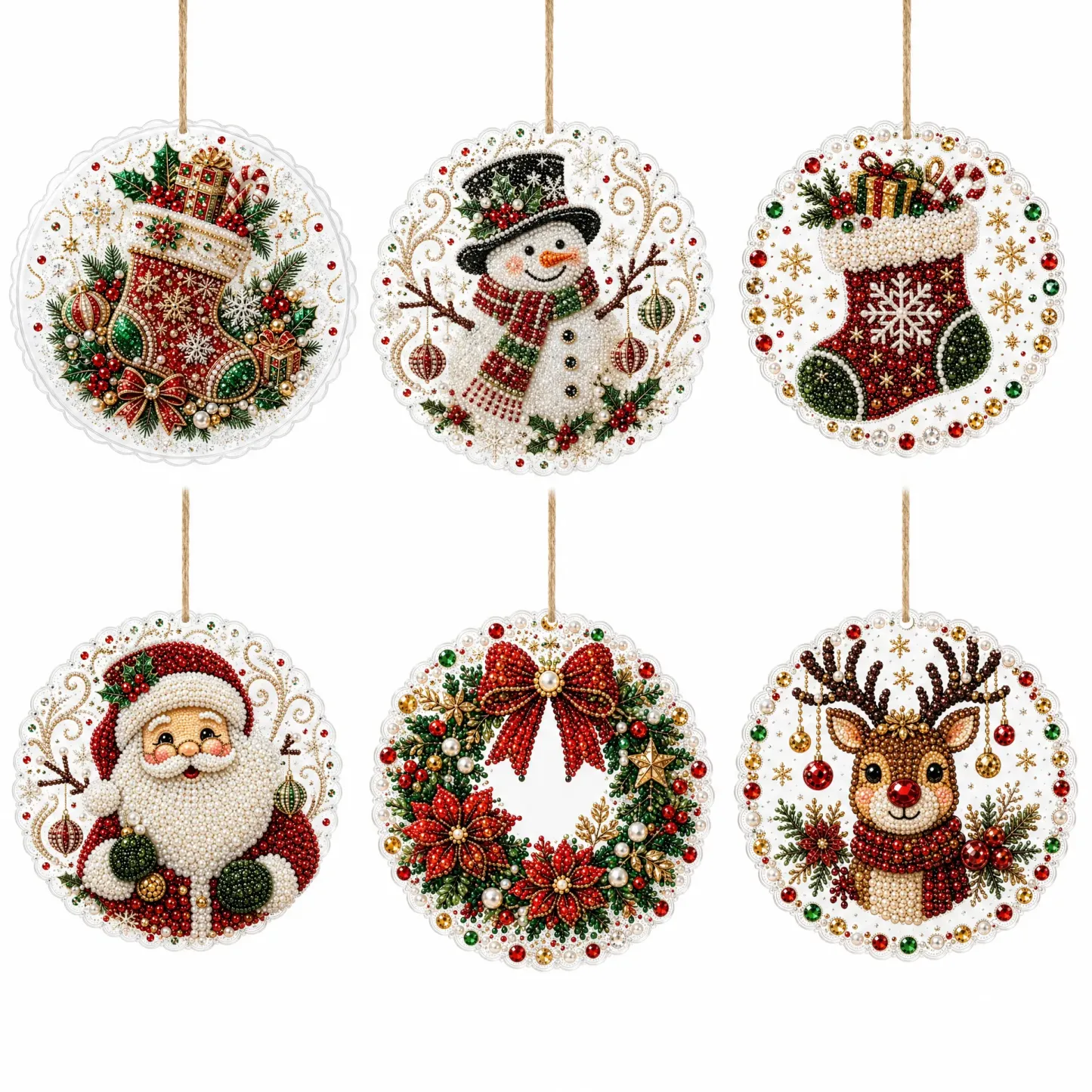 6 Pcs Christmas Wooden Ornaments DIY Pearls Diamond Painting Kit Rhinestone Art Pendants with Hemp Rope for Holiday Tree Decor