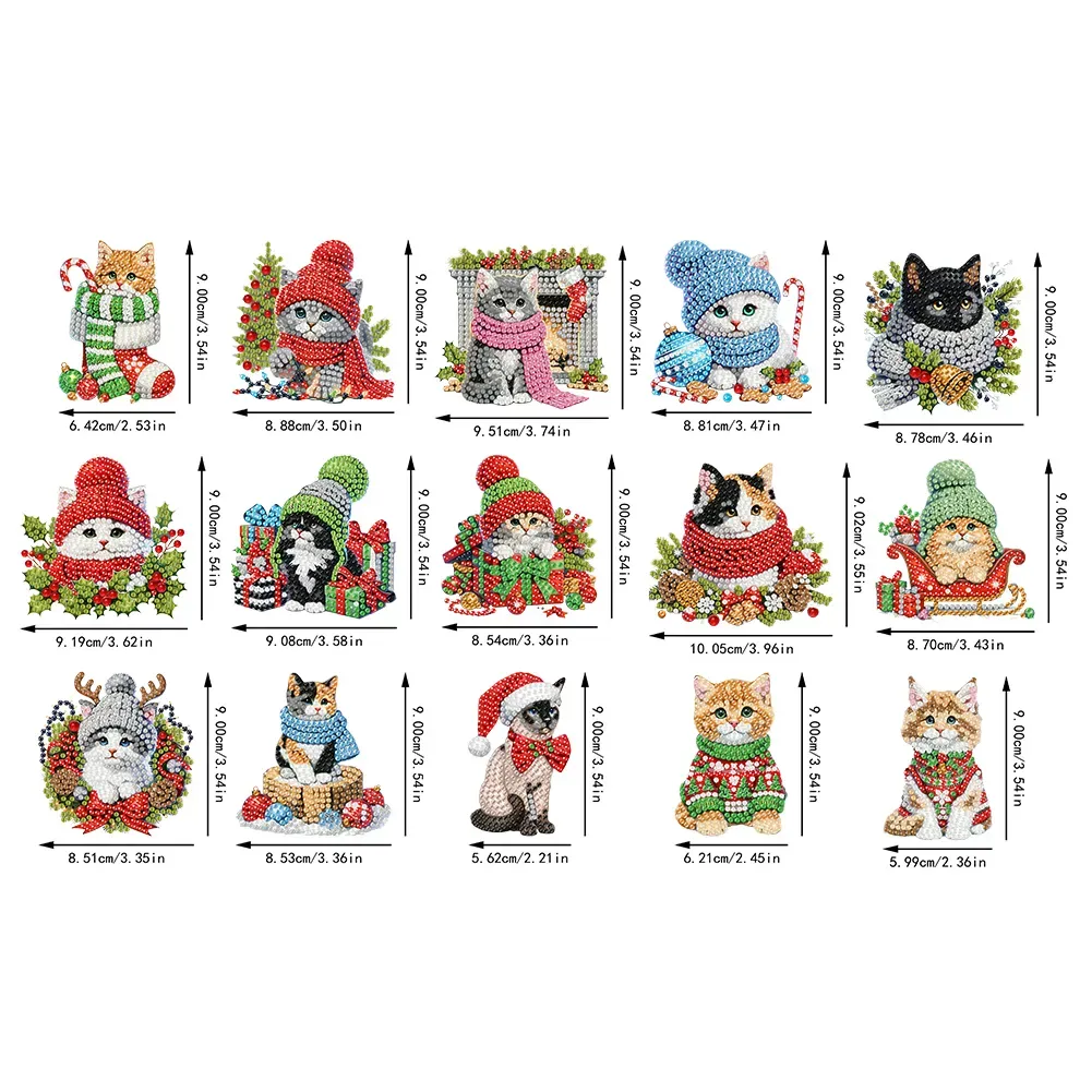 15Pcs DIY Christmas Atmosphere Cat Diamond Painting Pendant (Double-Sided)