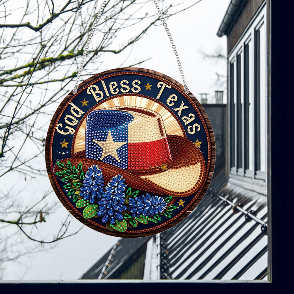 DIY God Bless Texas-Diamond Painting Sun Catcher（Single-Sided)