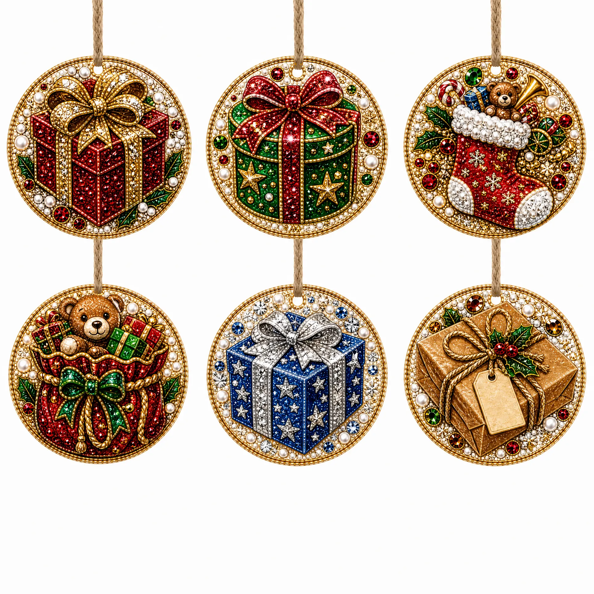 6 Pcs Christmas Wooden Ornaments DIY Pearls Diamond Painting Kit Rhinestone Art Pendants with Hemp Rope for Holiday Tree Decor