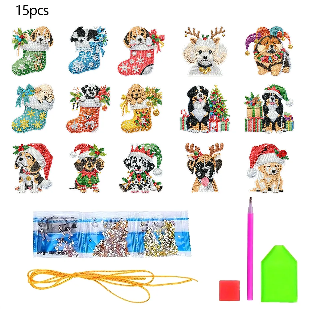 15Pcs DIY Christmas Atmosphere Dog Diamond Painting Pendant (Double-Sided)