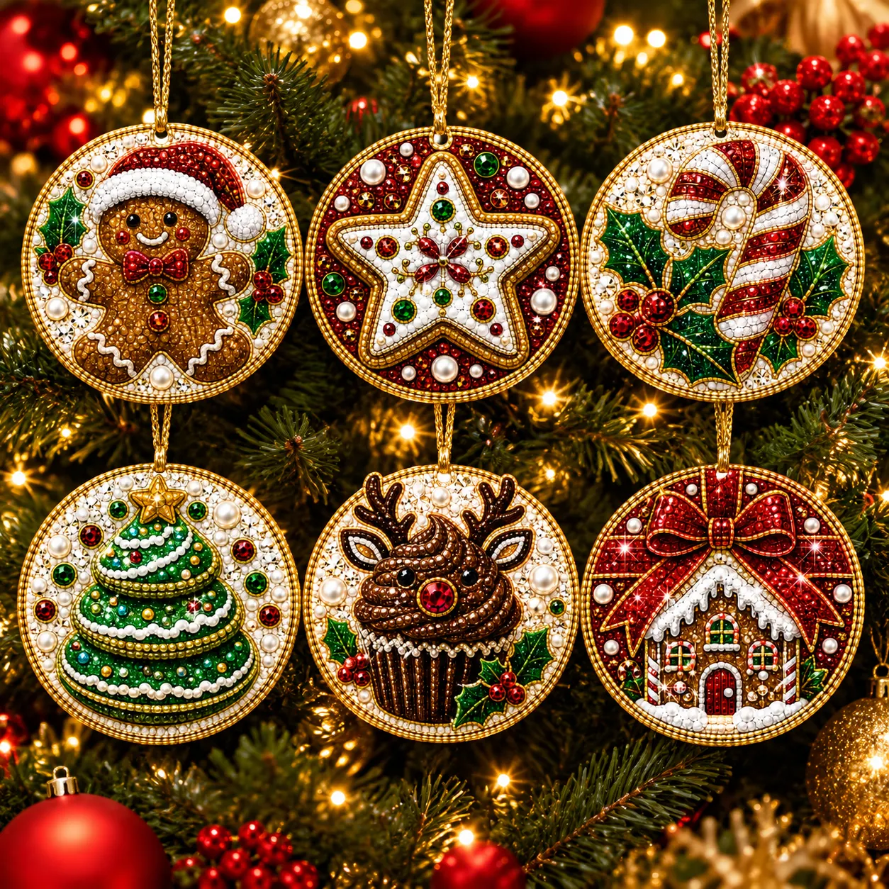 6 Pcs Christmas Wooden Ornaments DIY Pearls Diamond Painting Kit Rhinestone Art Pendants with Hemp Rope for Holiday Tree Decor
