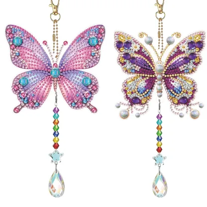Butterfly 5D Diamond Painting Suncatcher with Crystal Pendant, Double-Sided Hanging Wind Chime Kit for Adults | Colorful Spring Window Decor