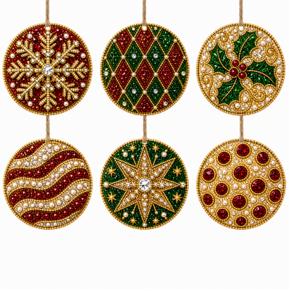 6 Pcs Christmas Wooden Ornaments DIY Pearls Diamond Painting Kit Rhinestone Art Pendants with Hemp Rope for Holiday Tree Decor