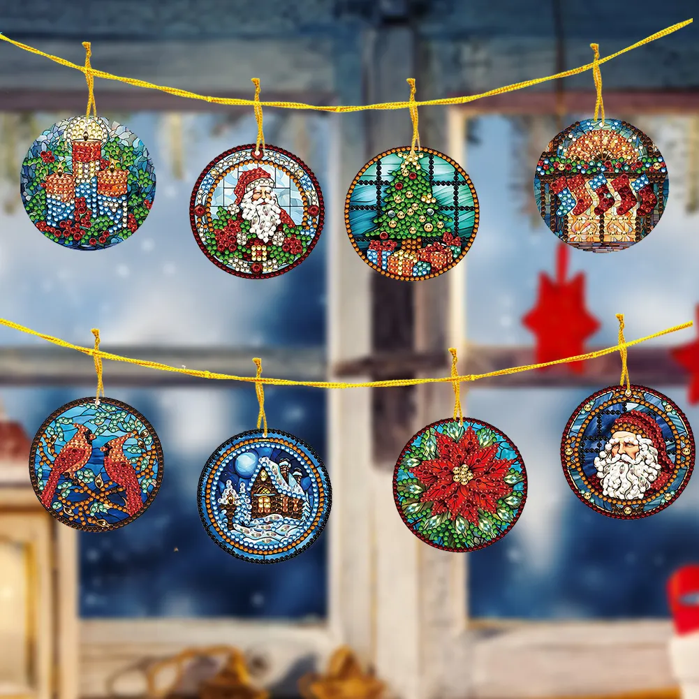 8Pcs DIY Christmas Atmosphere Diamond Painting Pendant（Single Sided)