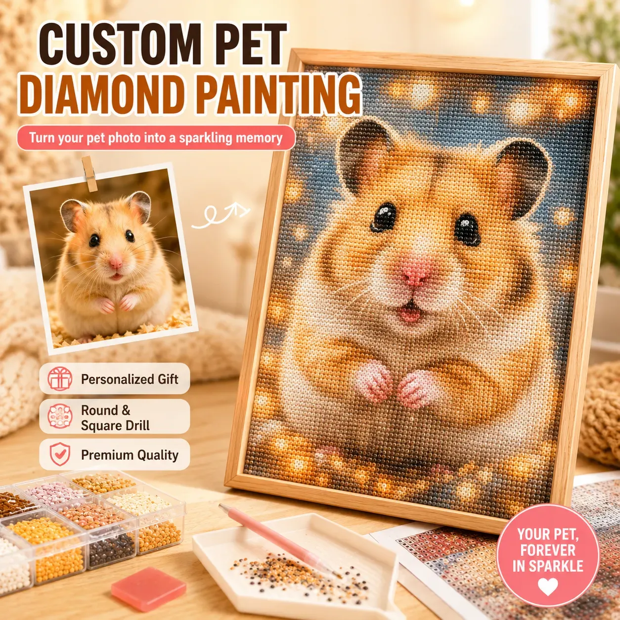 Custom Pet Diamond Painting Kit – Personalized 5D Art from Your Photo