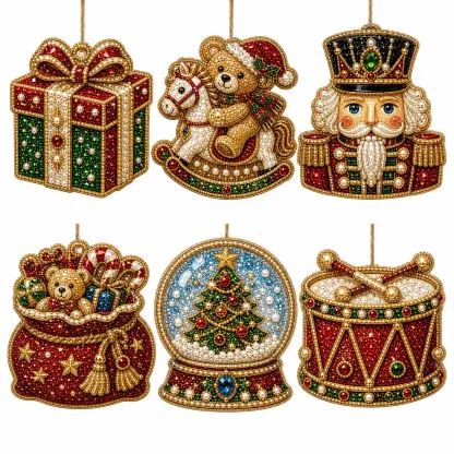 6pcs Cute Xmas Dolls Pearl Art Diamond Painting  Pendant - Acrylic Christmas Tree Ornaments DIY Decor Kit