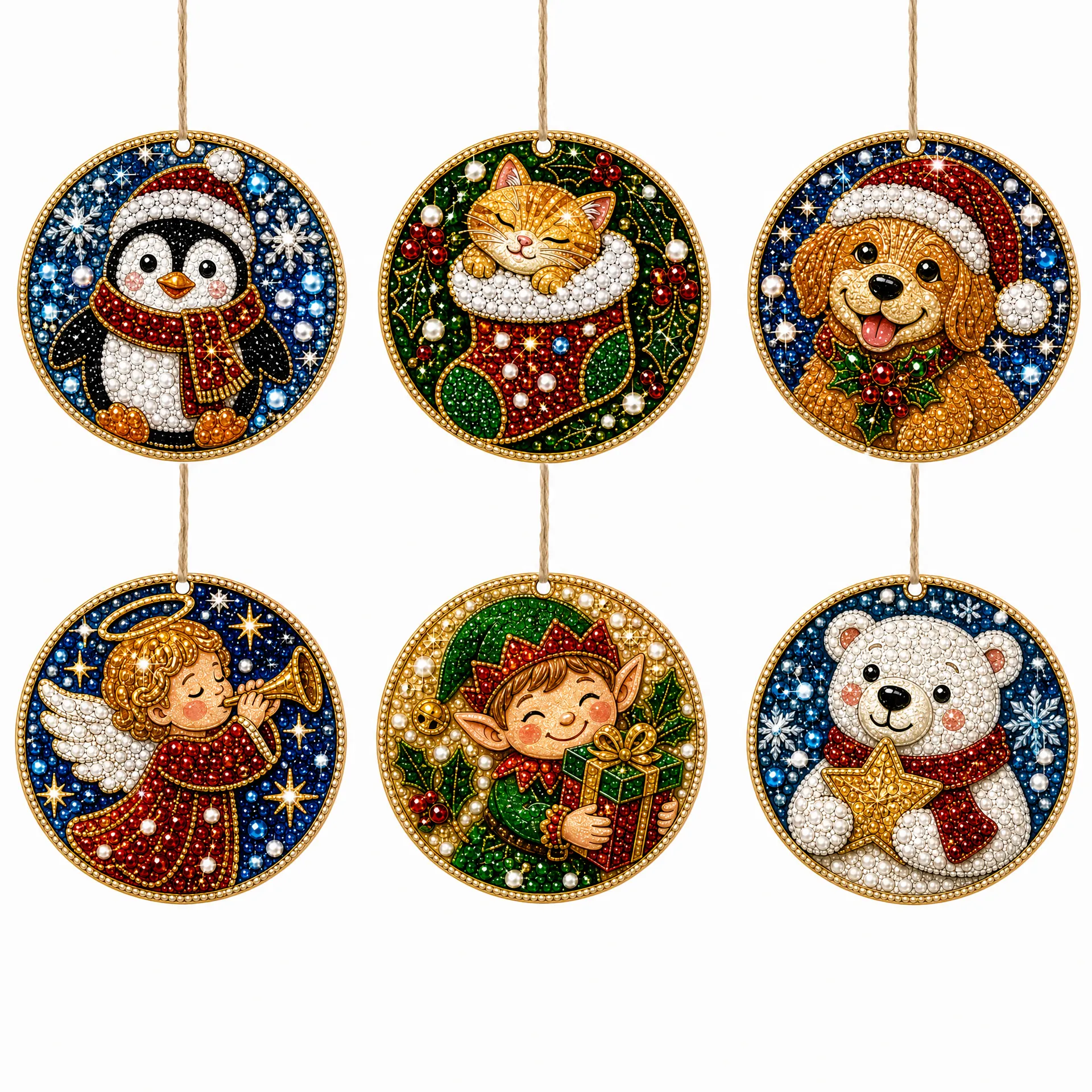 6 Pcs Christmas Wooden Ornaments DIY Pearls Diamond Painting Kit Rhinestone Art Pendants with Hemp Rope for Holiday Tree Decor