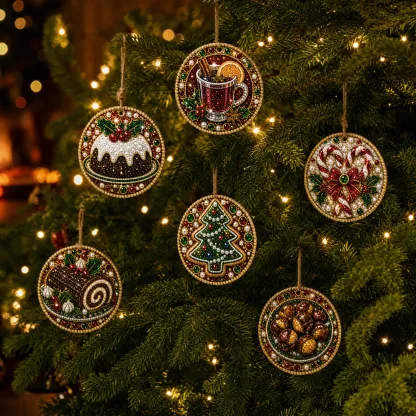 6 Pcs Christmas Wooden Ornaments DIY Pearls Diamond Painting Kit Rhinestone Art Pendants with Hemp Rope for Holiday Tree Decor