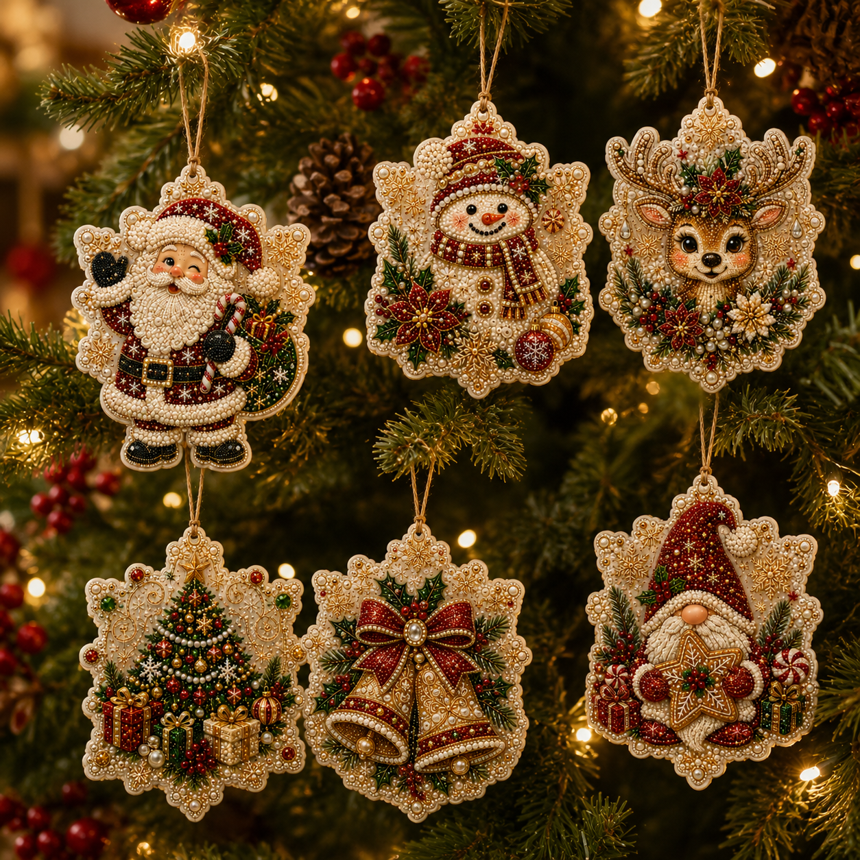 6 Pcs Christmas Ornaments DIY Pearls Diamond Painting Kit Rhinestone Art Pendants with Hemp Rope for Holiday Tree Decor