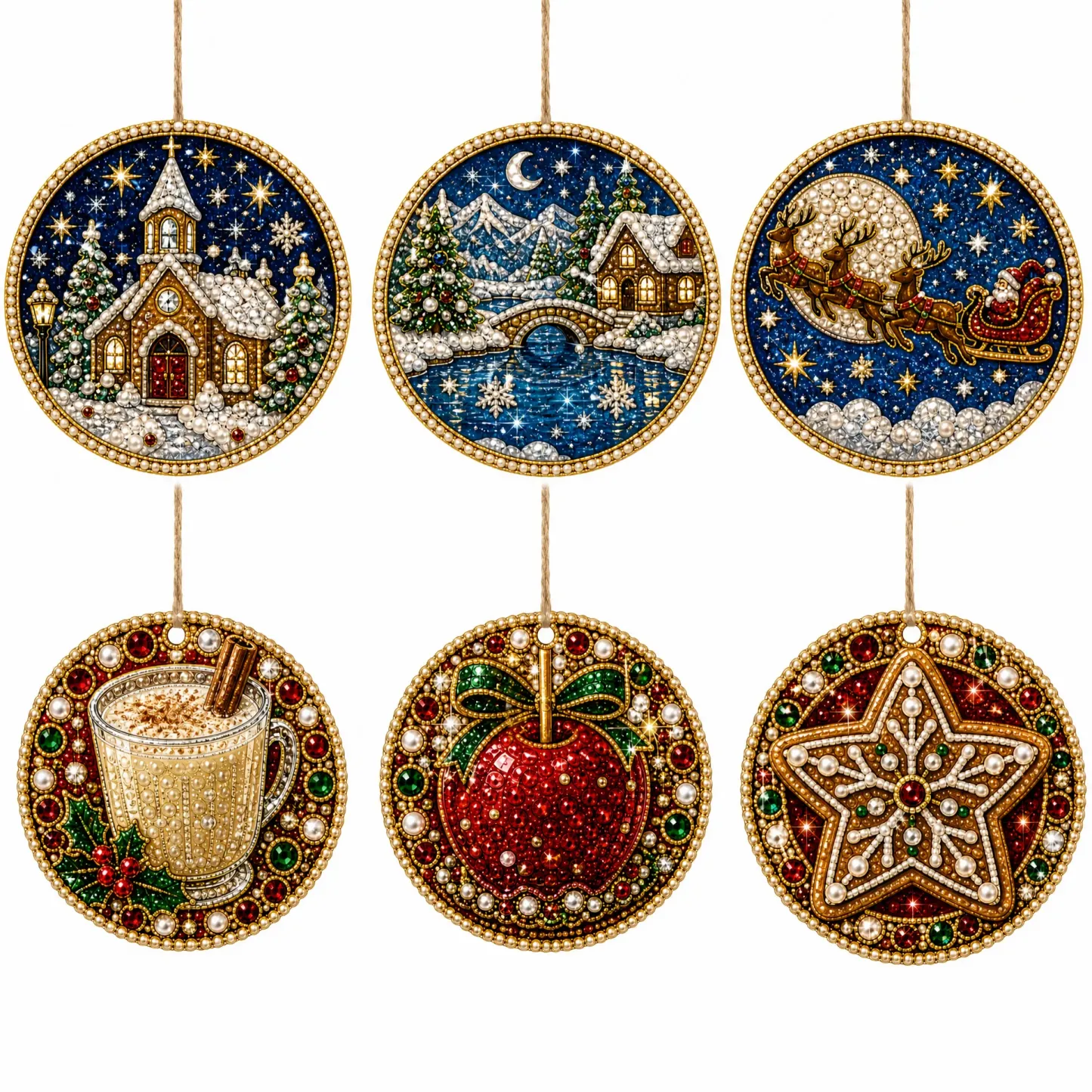 6pcs Winter Xmas Scene Pearl Art Diamond Painting Pendant