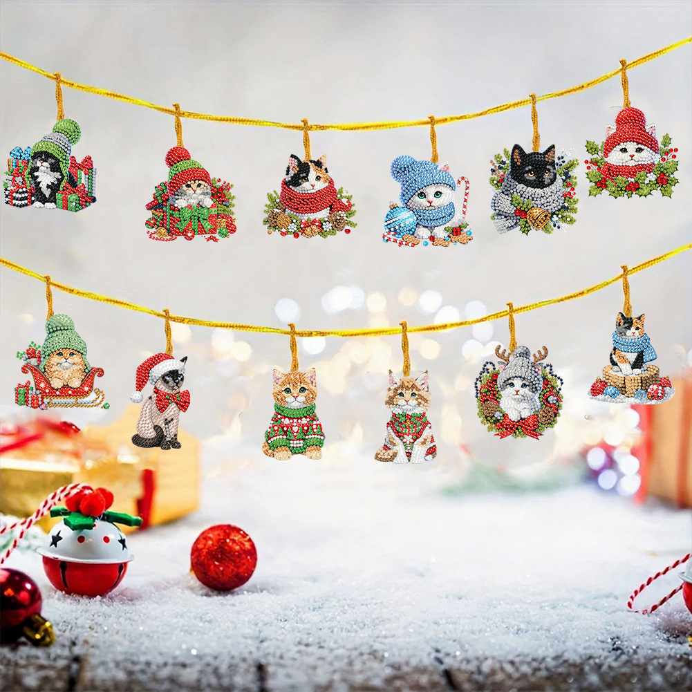 15Pcs DIY Christmas Atmosphere Cat Diamond Painting Pendant (Double-Sided)