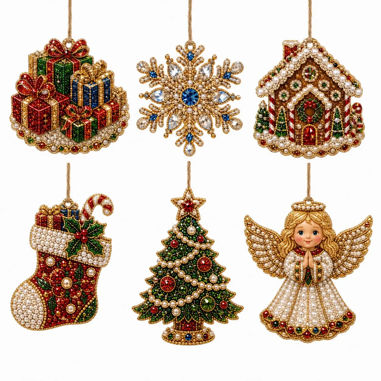 6pcs Classic Xmas Charms Pearl Art Diamond Painting  Pendant - Acrylic Christmas Tree Ornaments DIY Decor Kit