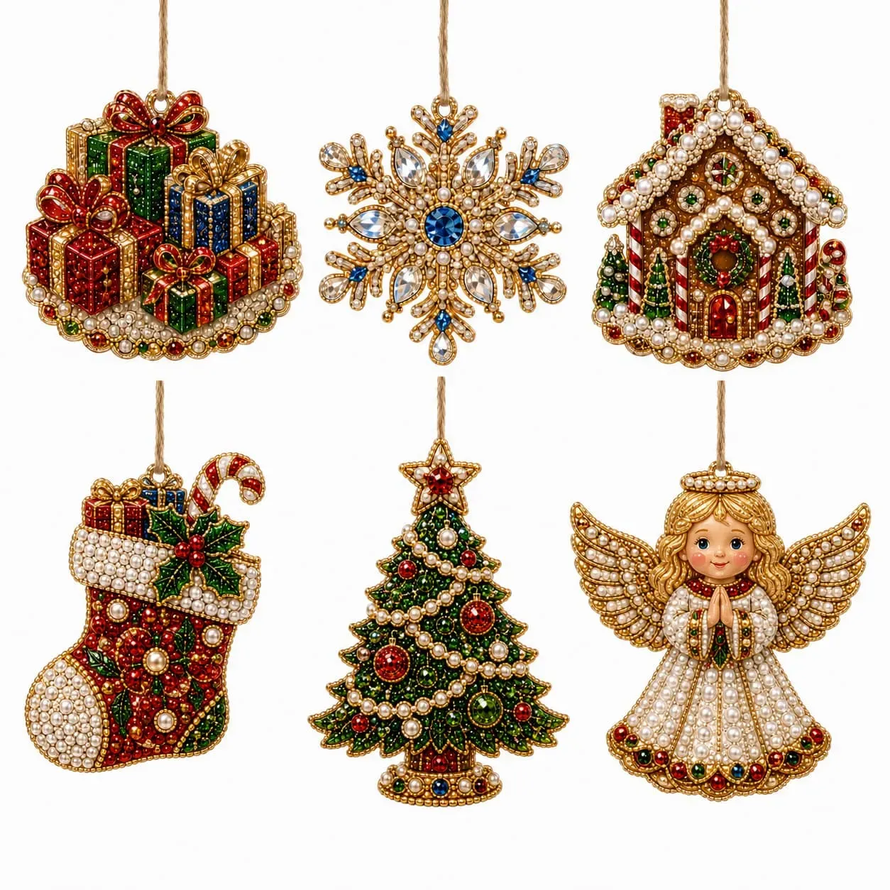 6pcs Classic Xmas Charms Pearl Art Diamond Painting  Pendant - Acrylic Christmas Tree Ornaments DIY Decor Kit