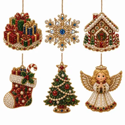 6pcs Classic Xmas Charms Pearl Art Diamond Painting  Pendant - Acrylic Christmas Tree Ornaments DIY Decor Kit