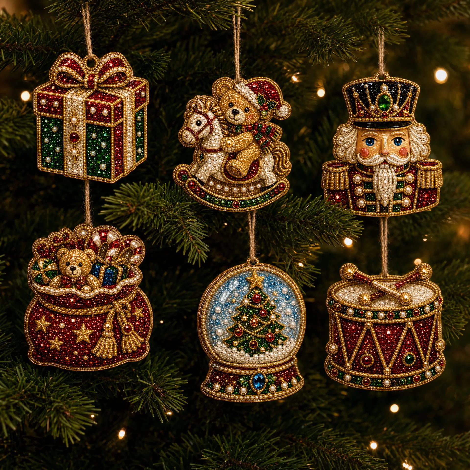 6pcs Cute Xmas Dolls Pearl Art Diamond Painting  Pendant - Acrylic Christmas Tree Ornaments DIY Decor Kit