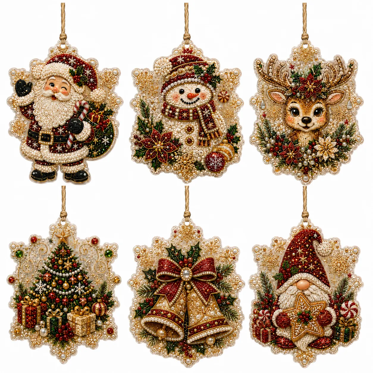 6 Pcs Christmas Ornaments DIY Pearls Diamond Painting Kit Rhinestone Art Pendants with Hemp Rope for Holiday Tree Decor