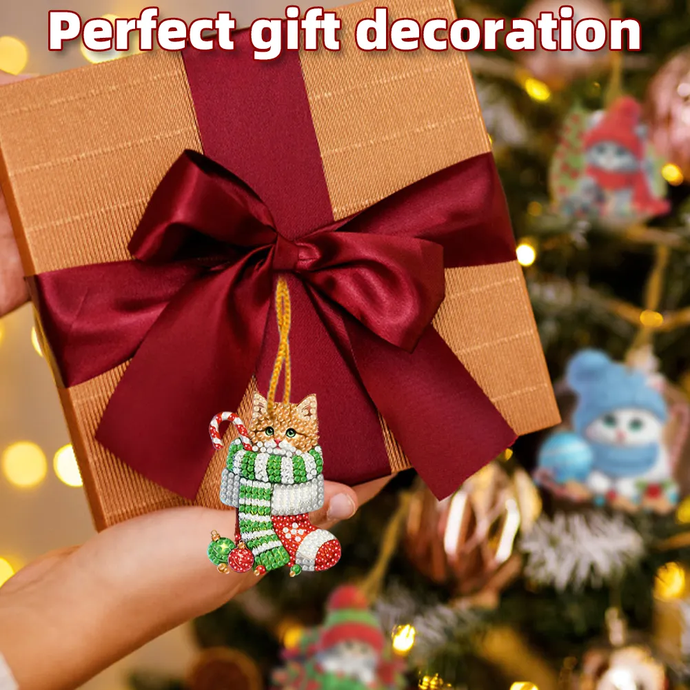 15Pcs DIY Christmas Atmosphere Cat Diamond Painting Pendant (Double-Sided)