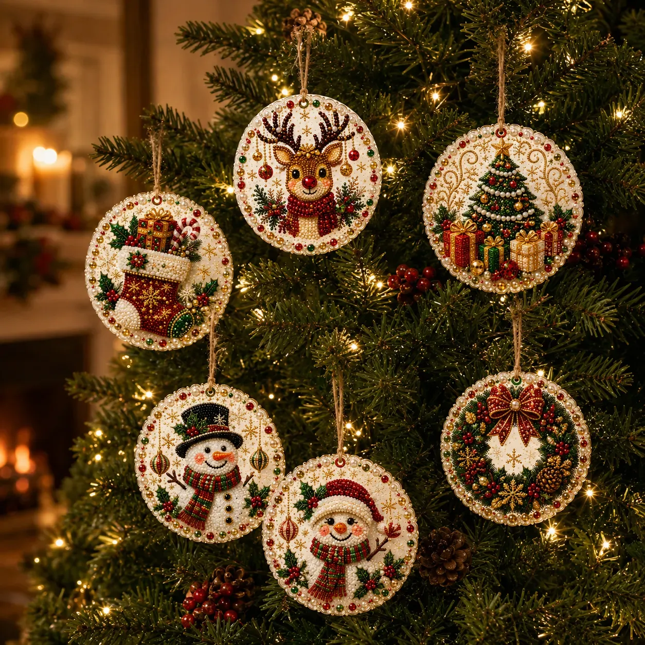 6 Pcs Christmas Wooden Ornaments DIY Pearls Diamond Painting Kit Rhinestone Art Pendants with Hemp Rope for Holiday Tree Decor