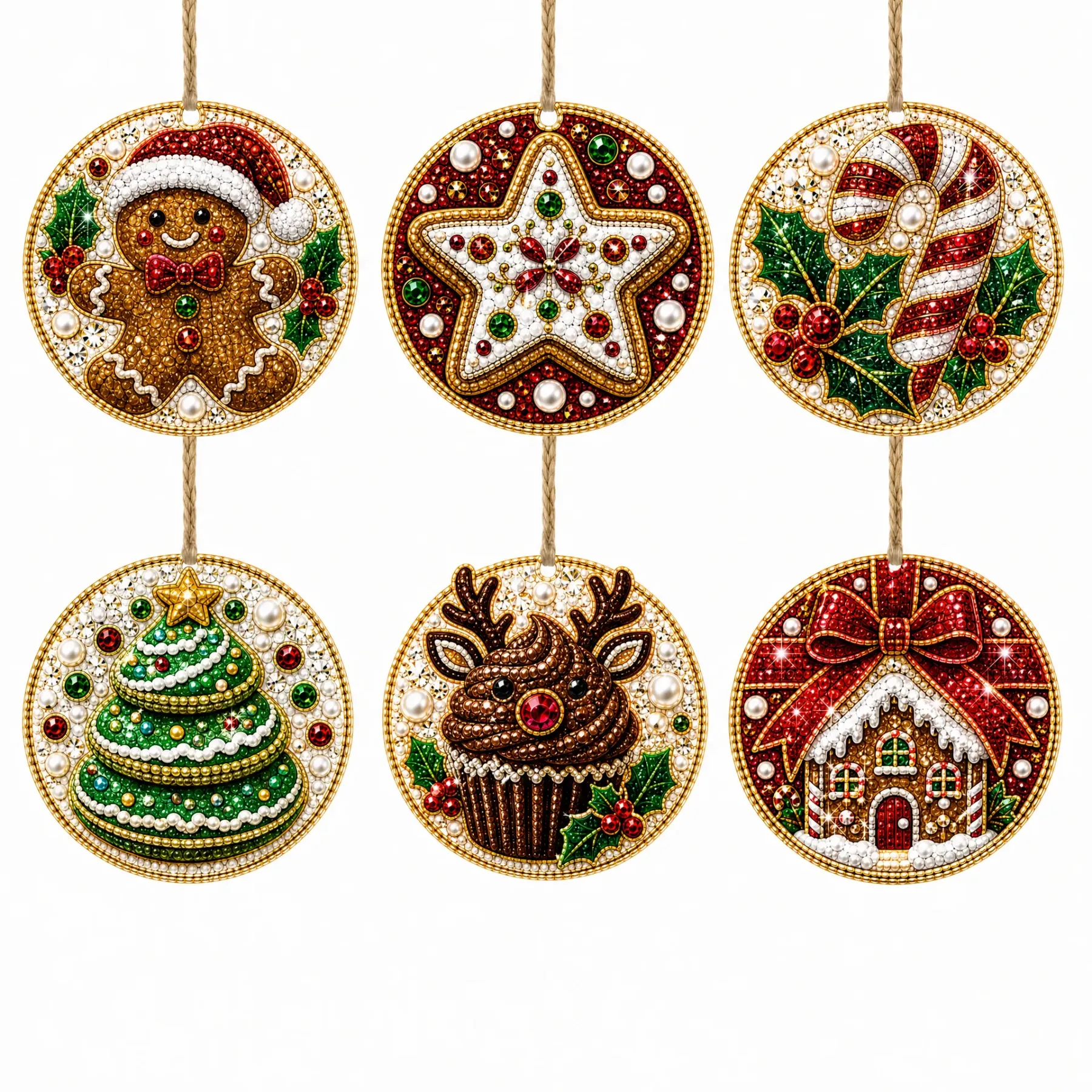 6 Pcs Christmas Wooden Ornaments DIY Pearls Diamond Painting Kit Rhinestone Art Pendants with Hemp Rope for Holiday Tree Decor