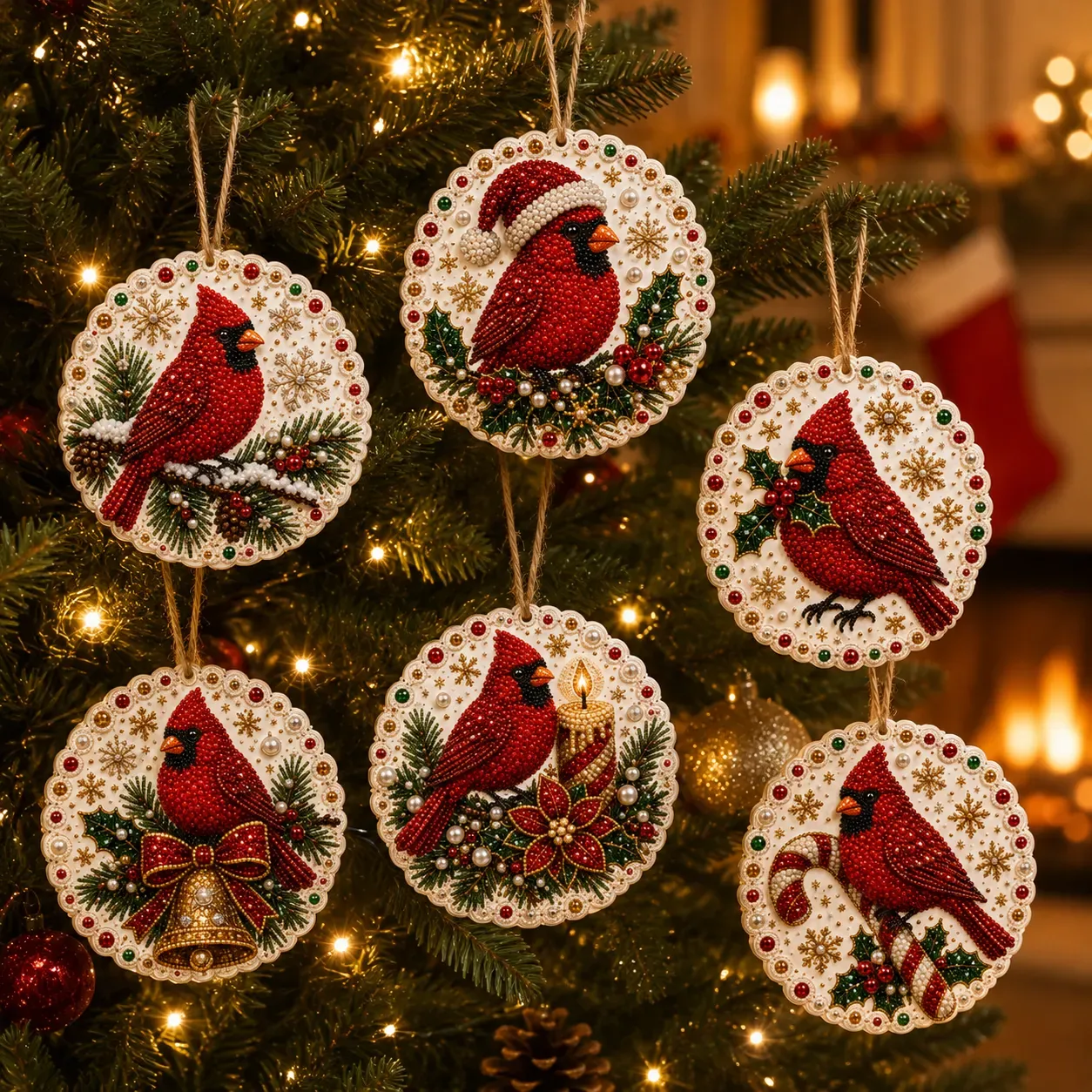 6pcs Xmas Cardinals Pearl Art Diamond Painting Pendant