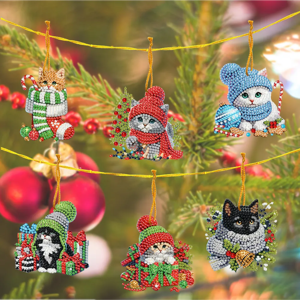 15Pcs DIY Christmas Atmosphere Cat Diamond Painting Pendant (Double-Sided)