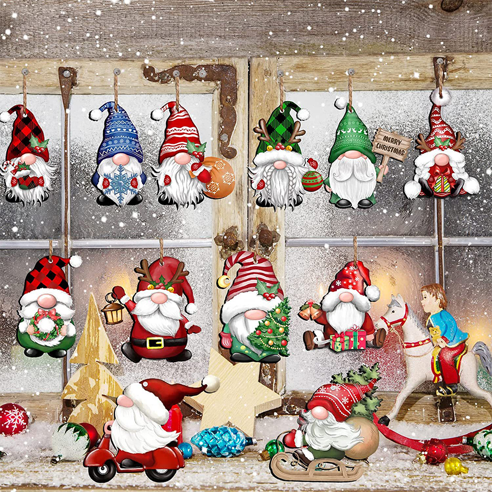 (24PCS)Christmas Gnome Santa Wooden Hanging Pendant(With Rope)