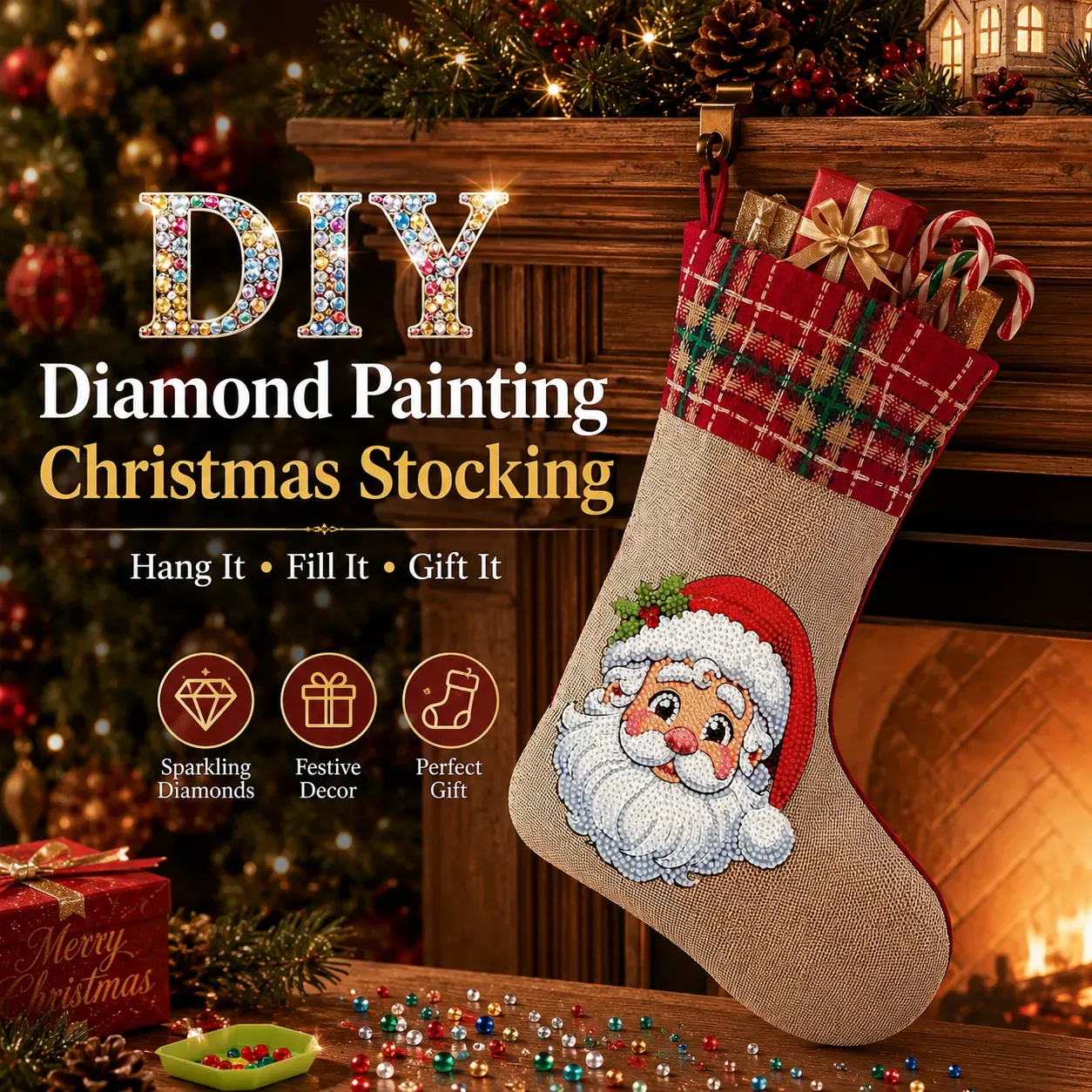 DIY Diamond Painting Christmas Stockings Hanging Ornaments Large Capacity Xmas Socks Pendant Wear Resist Candy Gift Storage Bags for Family Christmas Holiday Party Decoration (Santa Claus head)