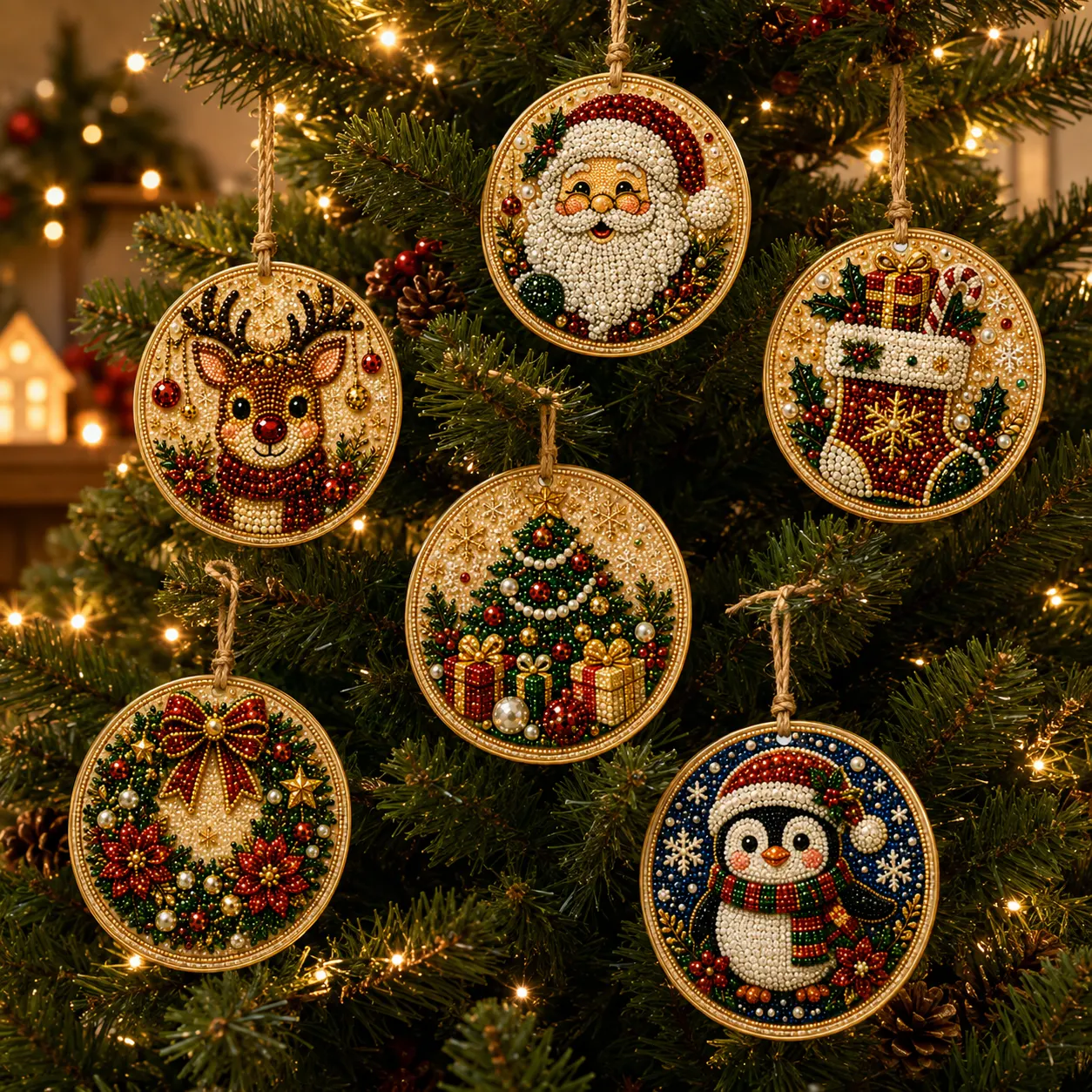 6 Pcs Christmas Ornaments DIY Pearls Diamond Painting Kit Rhinestone Art Pendants with Hemp Rope for Holiday Tree Decor
