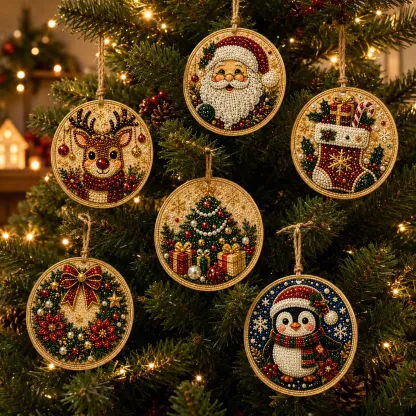 6 Pcs Christmas Ornaments DIY Pearls Diamond Painting Kit Rhinestone Art Pendants with Hemp Rope for Holiday Tree Decor