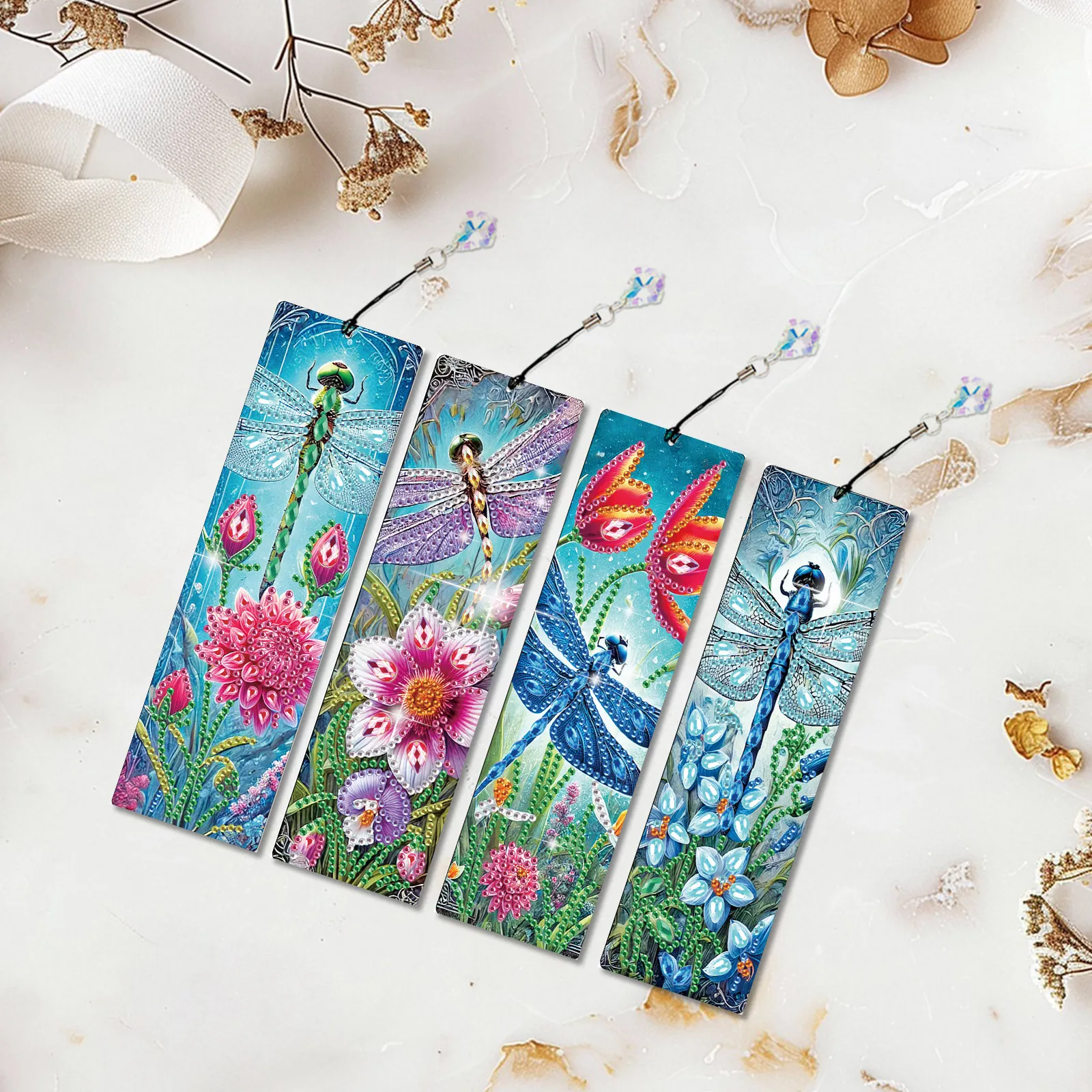 4Pcs Dragonfly Garden DIY Diamond Painting Bookmark with Crystal Pendants Diamond Painting Art Bookmarks Special Shape for DIY Making Beginners Adult Arts Craft Supplies